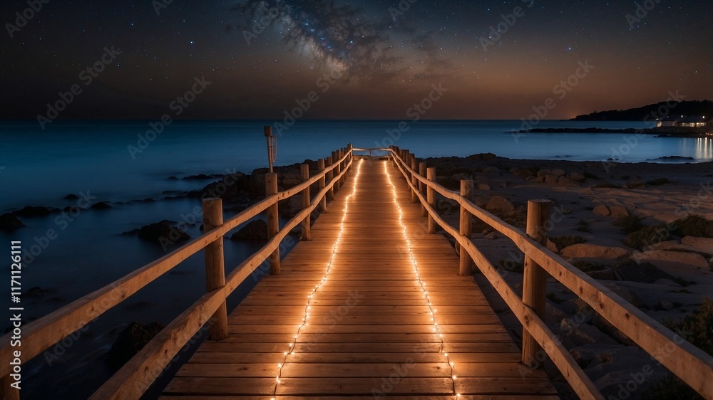 Illuminated pier extending into a tranquil ocean under a starlit sky. A serene night scene. Illuminated pier extending into a tranquil ocean under a starlit sky. A serene night scene.