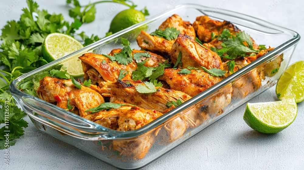 Grilled Chicken with Fresh Cilantro and Lime in Glass Dish on Light Background Grilled Chicken with Fresh Cilantro and Lime in Glass Dish on Light Background