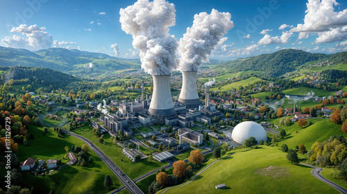 Nuclear power plant emitting smoke into atmosphere, surrounded by green landscape