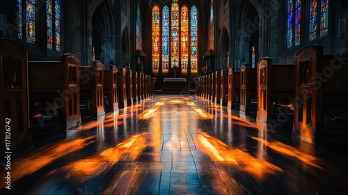 Sunlit Church Interior with Stained Glass Reflections - Serene Worship Space and Vibrant Sacred Architecture
