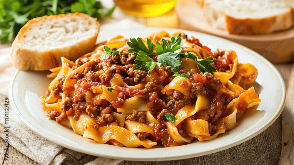 Delicious Homemade Pasta with Meat Sauce and Fresh Herbs on a Rustic Wooden Table Delicious Homemade Pasta with Meat Sauce and Fresh Herbs on a Rustic Wooden Table