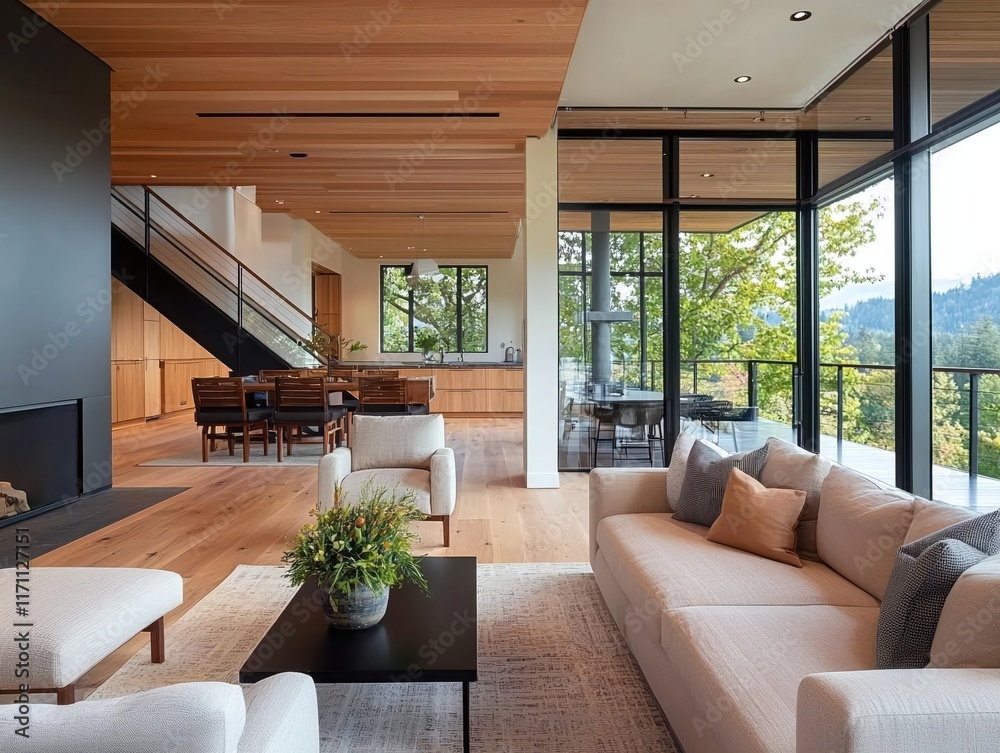 Fototapeta premium Modern Interior Design with Stylish Furniture and Scenic View in Bright Living Space