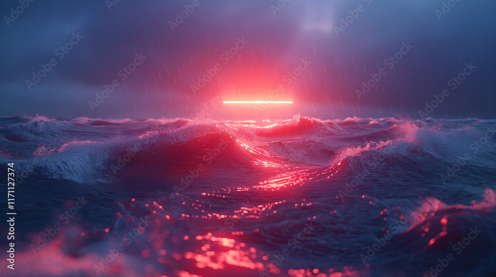 Obraz premium Majestic Ocean Waves Crashing Under Dramatic Sunset Sky Illuminated by Vibrant Colors. Generative AI