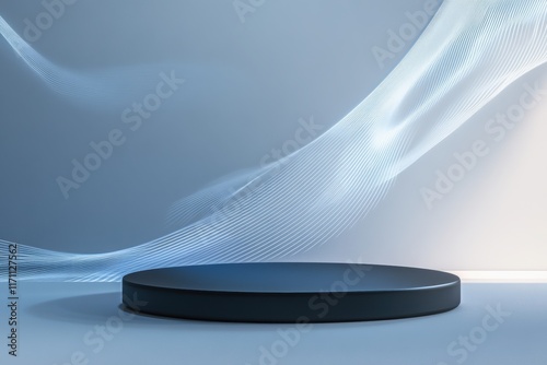 A smooth, matte black podium with glowing blue and white lines, set against a soft gradient background with abstract tech shapes.