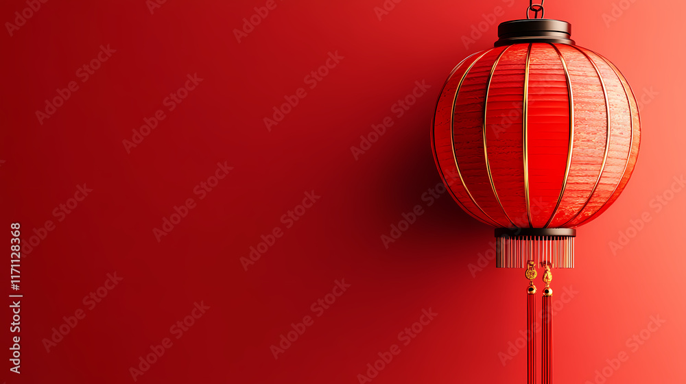 Fototapeta premium Vibrant chinese lantern on a solid red background. Cinnabar. Illustration
