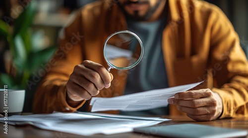 Insurance Risk Assessment focused individual using a magnifying glass to examine fine print in a policy document Stock Photo with side copy space photo