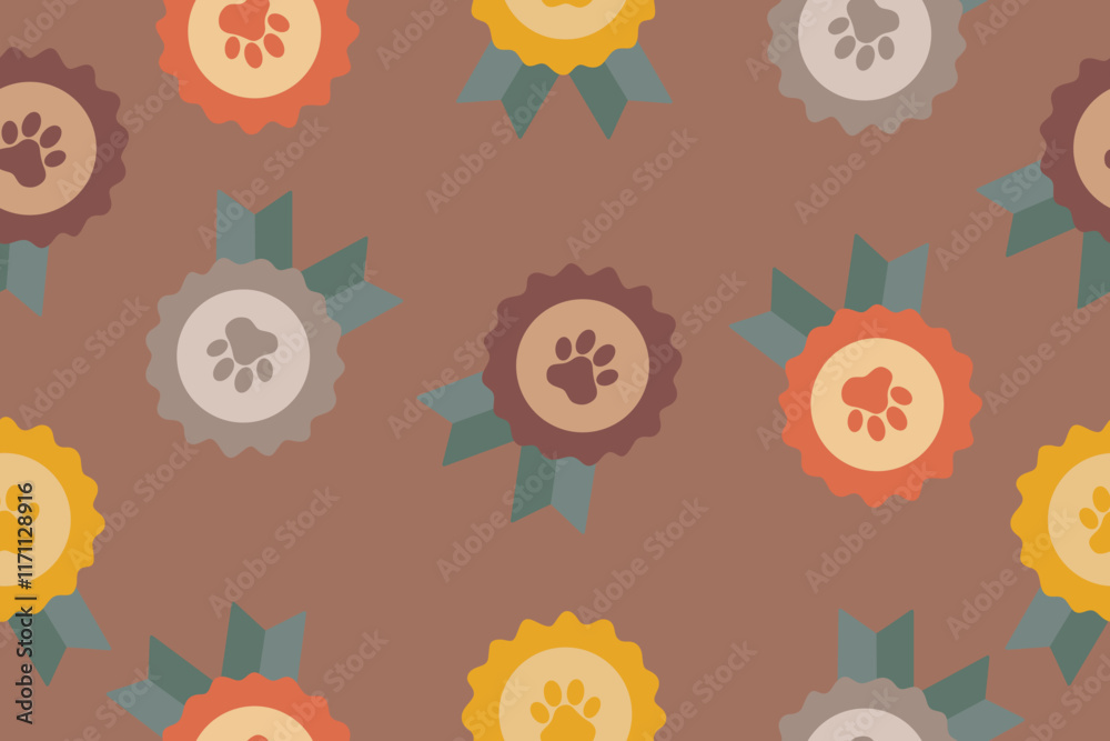 Dog or cat paw print badge with ribbons. Pet show winner concept. Seamless pattern on mocha mousse background. Vector Dog or cat paw print badge with ribbons. Pet show winner concept. Seamless pattern on mocha mousse background. Vector