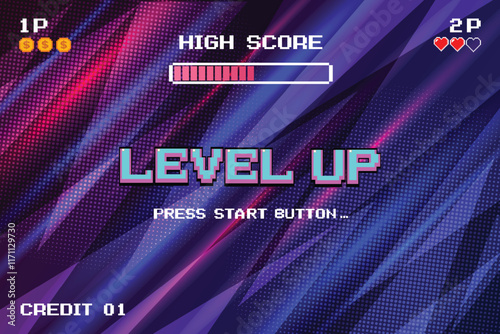 LEVEL UP. pixel art .8-bit game. Retro Futurism Sci-Fi Background. glowing neon grid. and stars from vintage arcade computer games