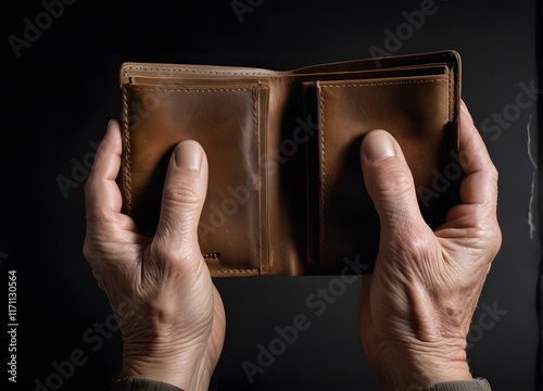 Empty Wallet, Hands Holding an Open Brown Leather Wallet, Showing Poverty or Financial Difficulty