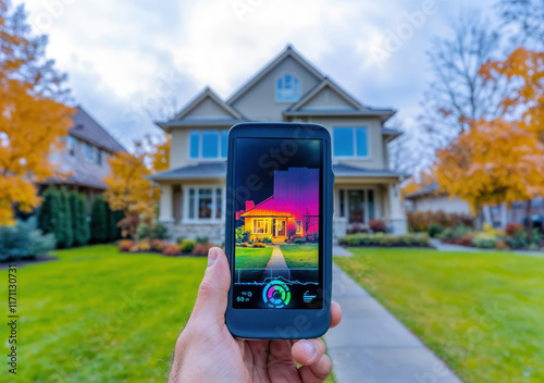 Homeowner checking house insulation using thermal camera on his phone