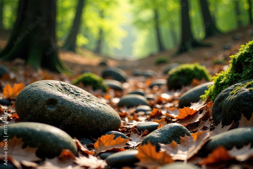 Smooth rounded stones on a forest floor with fallen leaves, forest atmosphere, , stone formations Smooth rounded stones on a forest floor with fallen leaves, forest atmosphere, , stone formations