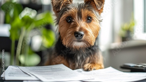 Pet Insurance Plans close-up of a pet owner reviewing policy documents with a focus on coverage details Stock Photo with side copy space photo