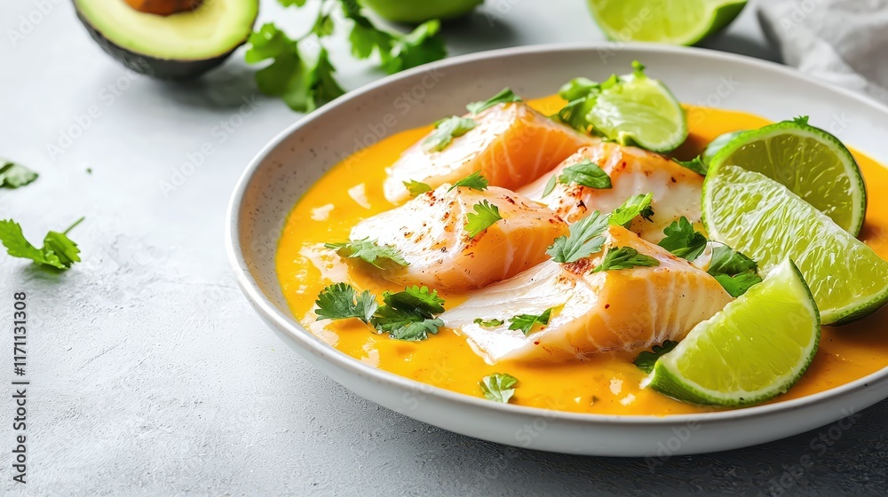 Fresh Salmon Fillet with Citrus Sauce and Herb Garnish on Modern Plate Fresh Salmon Fillet with Citrus Sauce and Herb Garnish on Modern Plate