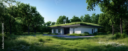 Modern green roof house in woodland, sunny day.  Architectural design, real estate