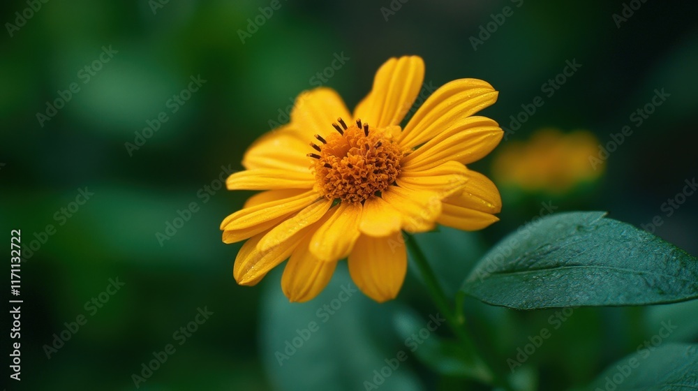 Close-Up of Yellow Daisy with Dewdrops – Vibrant Bloom Surrounded by Green Leaves, Showcasing Freshness and Tranquil Natural Beauty Close-Up of Yellow Daisy with Dewdrops – Vibrant Bloom Surrounded by Green Leaves, Showcasing Freshness and Tranquil Natural Beauty