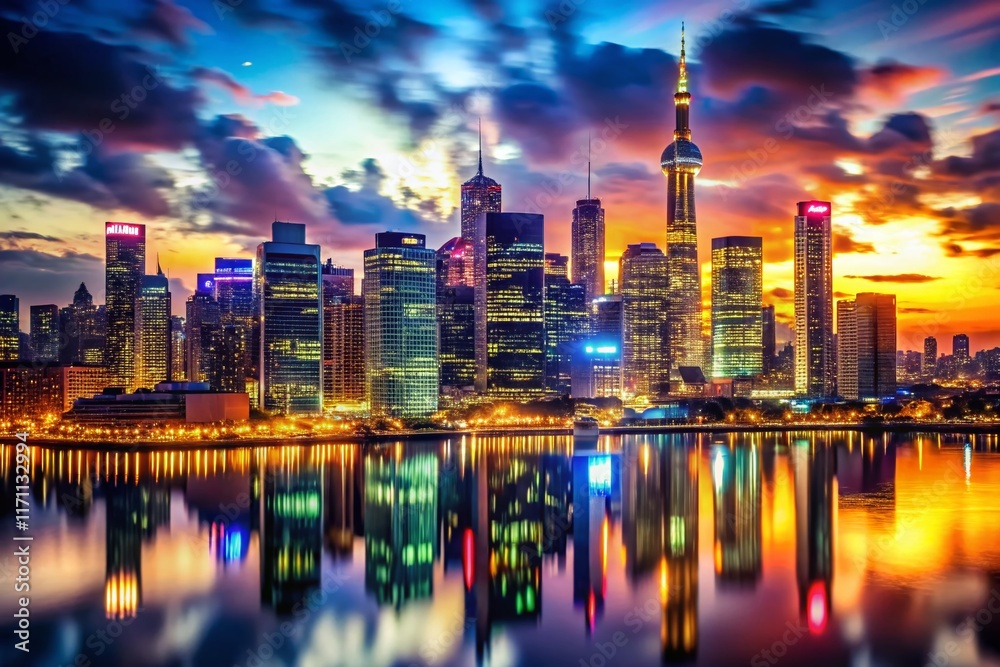 Naklejka premium Silhouetted Cityscape: Captivating Urban Night Skyline