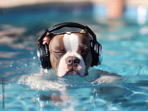 Serene Boston Terrier Puppy Serenades in Pool: A Peaceful Aquatic Portrait photo