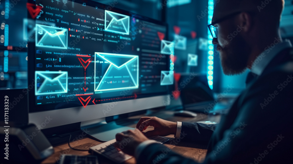 Email Security Warning Notification Concept. A businessman interacting with a digital screen showing email security alerts and warning notifications, cybersecurity threats. spam virus, junk mail, scam Email Security Warning Notification Concept. A businessman interacting with a digital screen showing email security alerts and warning notifications, cybersecurity threats. spam virus, junk mail, scam