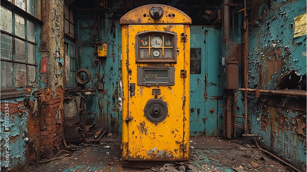 Rusty Yellow Industrial Control Panel In Derelict Building Rusty Yellow Industrial Control Panel In Derelict Building