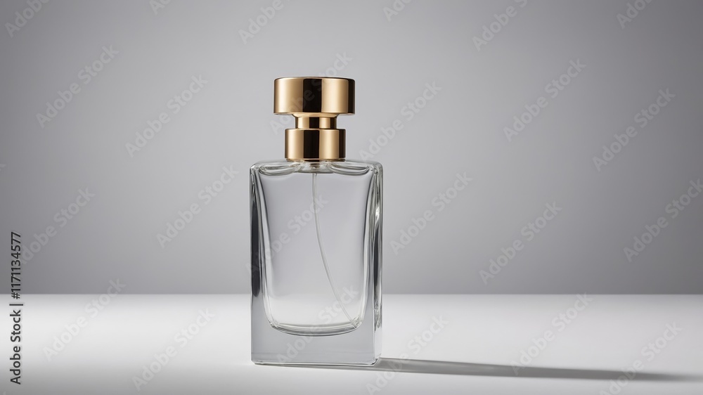 Elegant Glass Perfume Bottle with Gold Cap: Minimalist Product Photography Elegant Glass Perfume Bottle with Gold Cap: Minimalist Product Photography