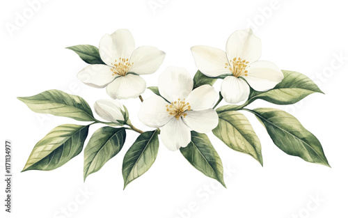 A botanical illustration featuring white flowers and green leaves