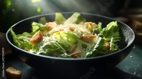 Delicious Caesar salad in a dark bowl, illuminated by sunlight, with croutons, cheese, and fresh lettuce. photo