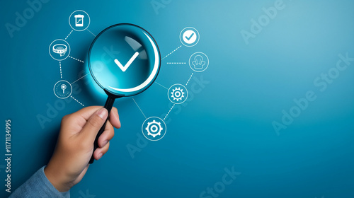 Quality Control and Certification Assurance Concept. Hand holding magnifying glass over checkmark symbol, alongside icons representing quality control, certification, and assurance on blue background.