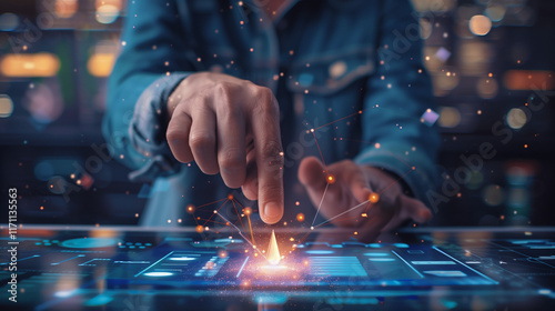 Startup business and investment concept. Businessman is touching the growing business graph. Planning and starting corporate business start up, Rocket icon soars with speed to hit the growth target. 