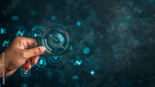 The 2025 New Year business goals concept. Hand holding a magnifying glass highlighting year 2025 with a target icon, representing focus on business goals and objectives for the future. Marketing trend