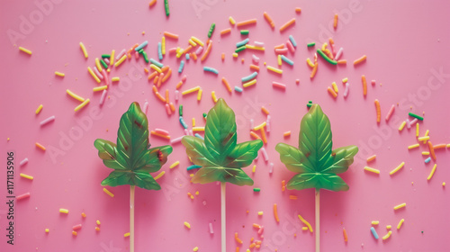 Vibrant cannabis leaf-shaped lollipops with colorful sprinkles on pink pastel background. Edible concept, fun design, sweet treat advertising.