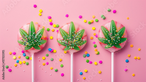 Vibrant cannabis leaf-shaped lollipops with colorful sprinkles on pink pastel background. Edible concept, fun design, sweet treat advertising.