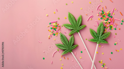 Vibrant cannabis leaf-shaped lollipops with colorful sprinkles on pink pastel background. Edible concept, fun design, sweet treat advertising.