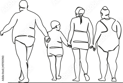One continuous single drawing line art flat doodle fat family on the beach, gluttony, disease, food culture, medicine, rest. Isolated image hand draw contour on a white background, hand drawn