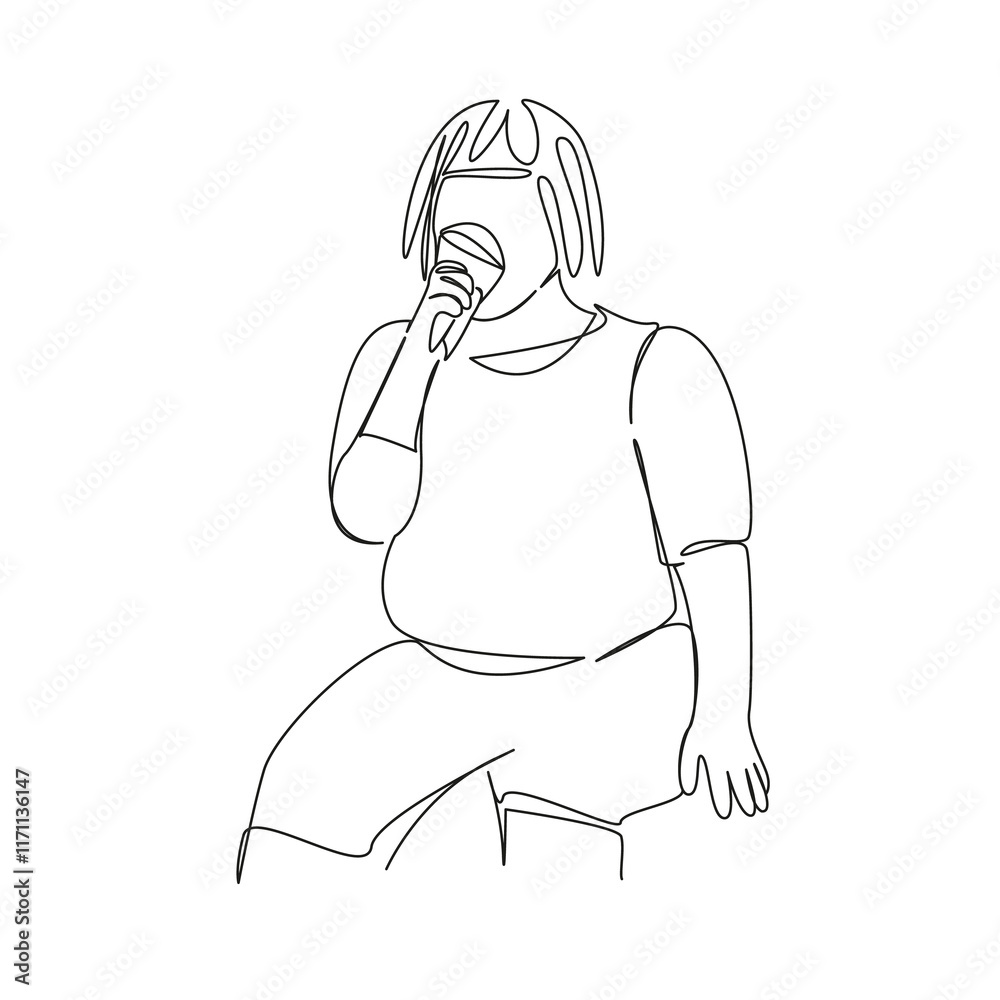One continuous single drawing line art flat doodle fat girl eating ice cream, food, gluttony, culture nutrition, medicine. Isolated image hand draw contour on a white background, hand drawn One continuous single drawing line art flat doodle fat girl eating ice cream, food, gluttony, culture nutrition, medicine. Isolated image hand draw contour on a white background, hand drawn