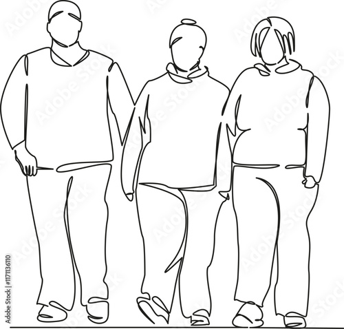 One continuous single drawing line art flat doodle fat teenagers walking, gluttony, teenage obesity, medicine, food. Isolated image hand draw contour on a white background, hand drawn