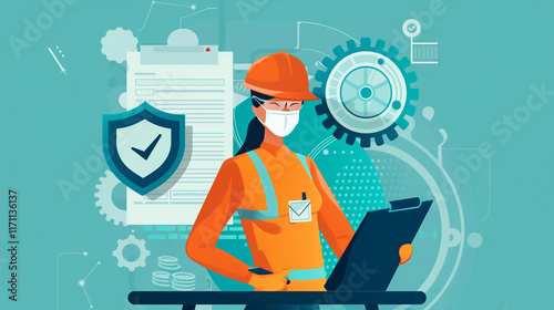 Work Safety and Compliance Concept, Safety First, A person with work safety and compliance icons, including a shield, hard hat, checklist, workplace safety, health protocols, and regulatory compliance
