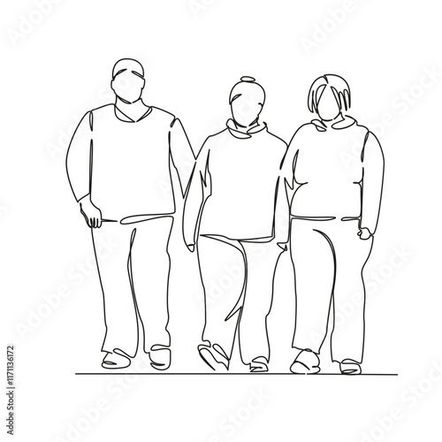 One continuous single drawing line art flat doodle fat teenagers walking, gluttony, teenage obesity, medicine, food. Isolated image hand draw contour on a white background, hand drawn