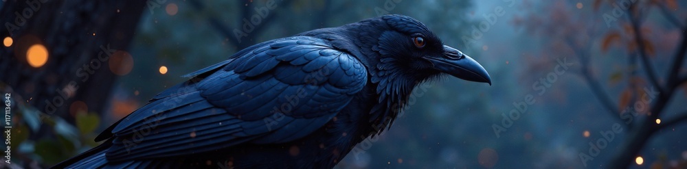 Fototapeta premium The raven's feathers seem to shift and ripple like smoke, glows, soft