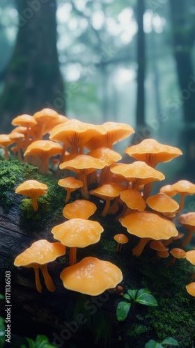 Clusters of orange mushrooms on log. photo