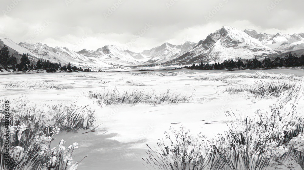 Snowy Mountain Range Winter Landscape Scene Snowy Mountain Range Winter Landscape Scene