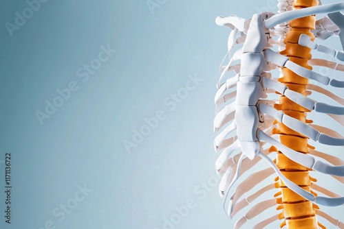 Anatomical Model of Human Spine with Ribs on Blue Background for Educational Purposes photo