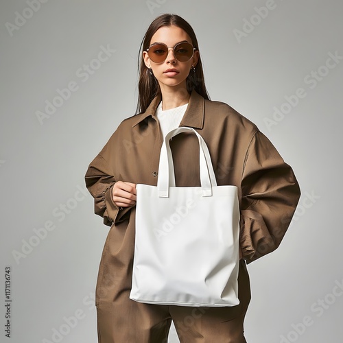 Stylish Woman in Brown Overcoat Holding a Minimalist White Tote Bag