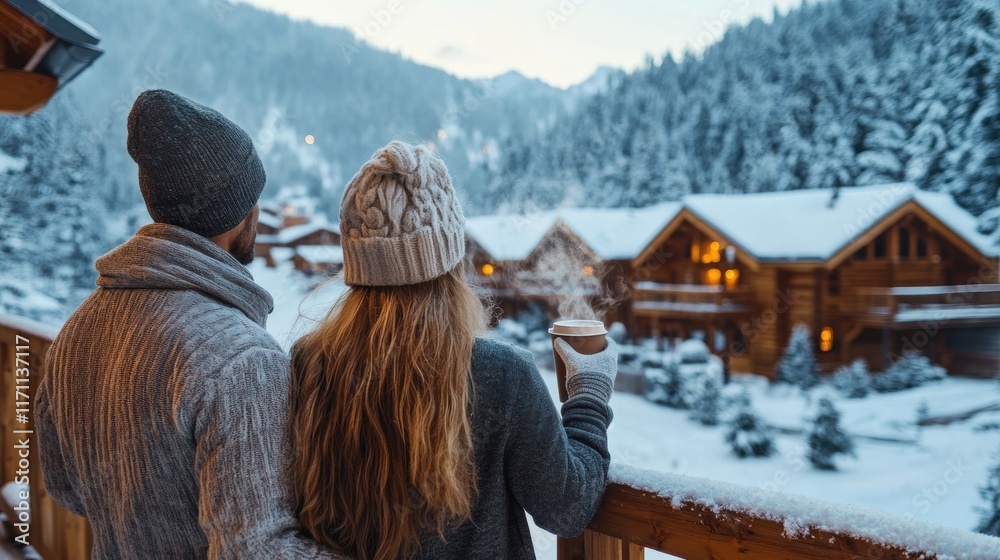 Skier holding a steaming cup of drink standing in luxury ski resort balcony.