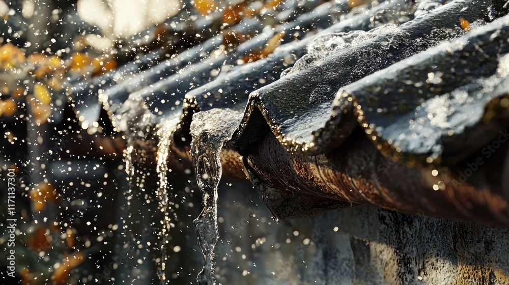 Obraz premium Rainwater cascading down a weathered roof, glistening droplets suspended in mid-air, a scene of natural beauty and the rhythm of nature.
