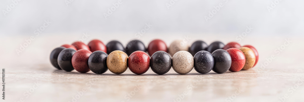 colorful arrangement of prayer beads featuring red, black, and beige colors, symbolizing spirituality and meditation colorful arrangement of prayer beads featuring red, black, and beige colors, symbolizing spirituality and meditation