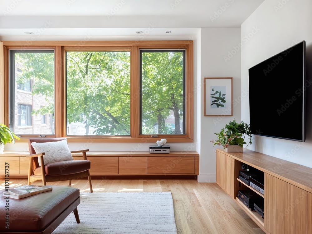 Obraz premium Modern living room interior with large windows and wooden furniture in a bright atmosphere