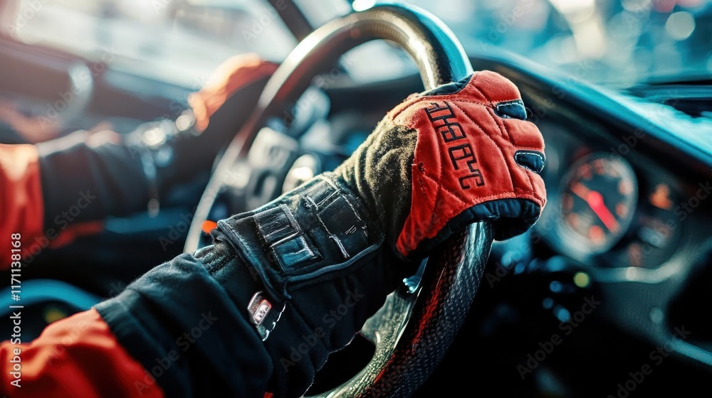 custom made wallpaper toronto digitalClose-up of gloved hands gripping a steering wheel in a racing environment.