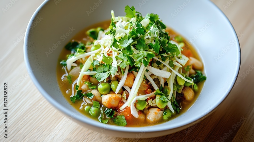 Fresh Vegetable Soup with Greens and Herbs Served in a White Bowl on a Wooden Table Fresh Vegetable Soup with Greens and Herbs Served in a White Bowl on a Wooden Table