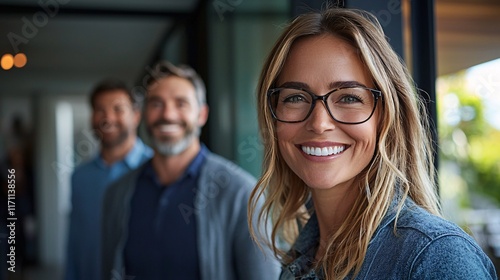Home Insurance Protection agent walking through a house with a couple explaining risk coverage plans Stock Photo with side copy space