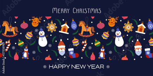 Christmas ornament. Holiday background, Xmas pattern. Gift card, frame for celebration. New Years party invitation. Toy, trinket, ball pattern. Horizontal banner. Festive decoration vector tidy design